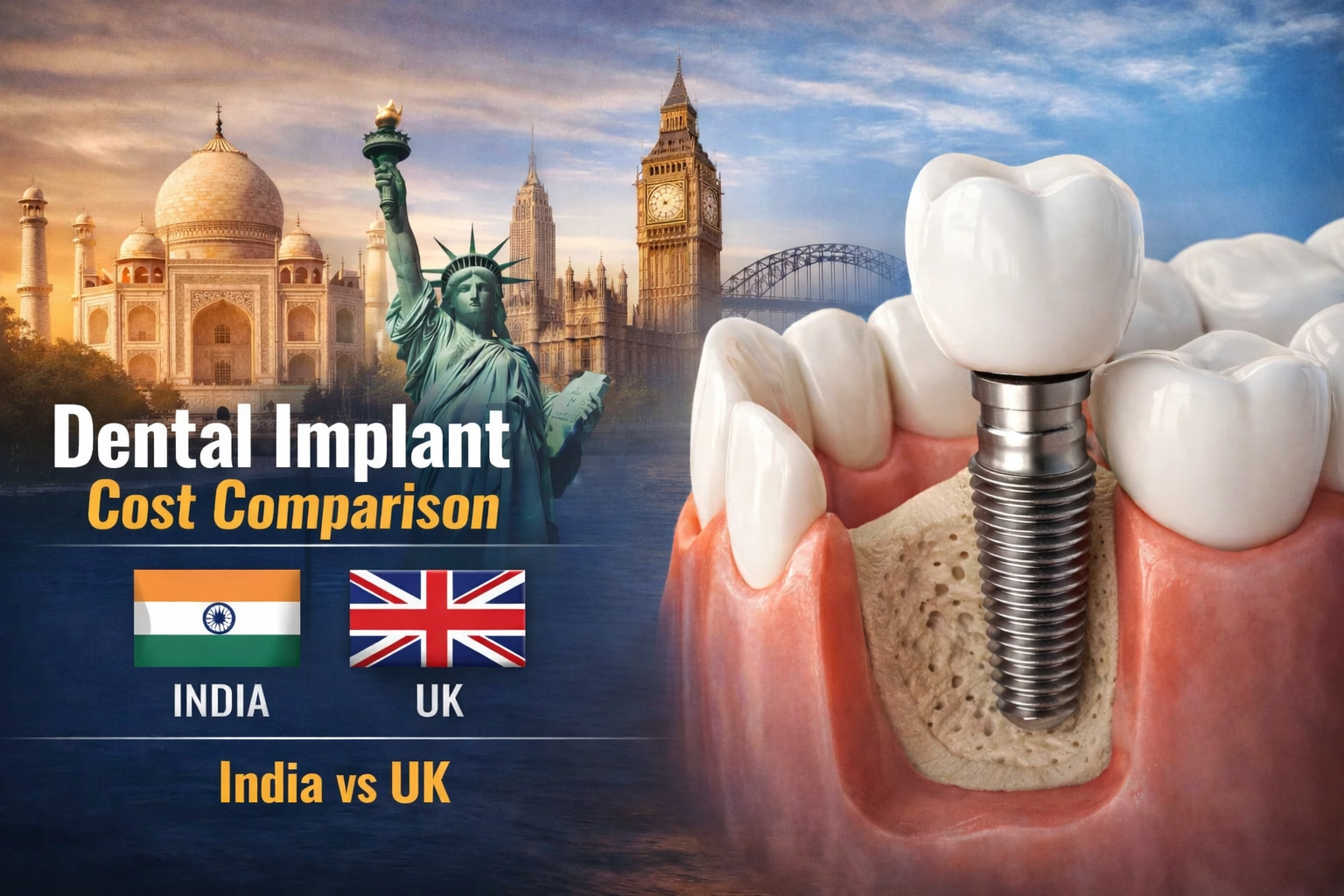 Dental implant cost comparison between India and United Kingdom showing affordable treatment in Kochi with high-quality care